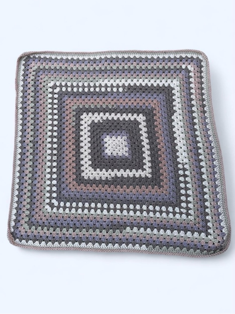 Handmade Crocheted Grannycore Blanket in Purple Gray Cream Square 38 Inches